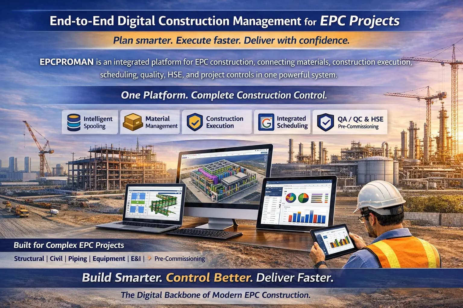 EPCPROMAN Dashboard showing construction analytics, 3D progress, and real-time metrics